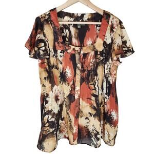 SERE NADE Women's Brown Tan Orange Floral Ruched Stretch Top SZ 1X
